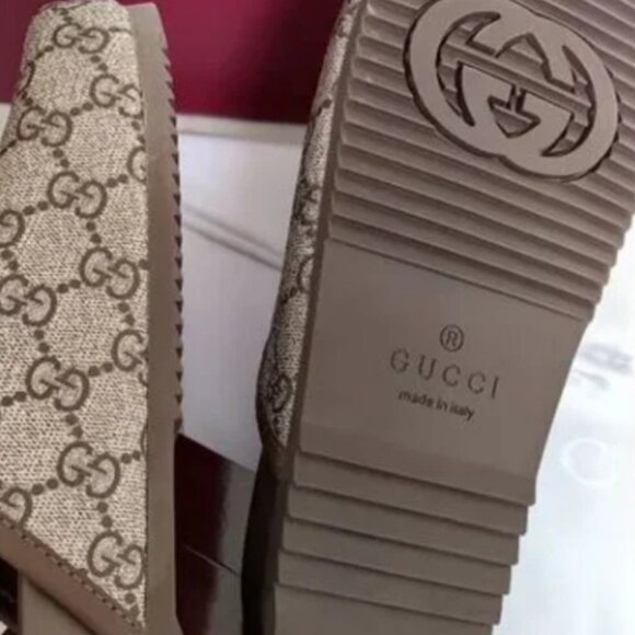 Gucci Brown Monogram Slides with Gold Accent - Picture 5 of 5